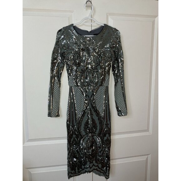 Betsy & Adam Sequin Bodycon Cocktail Dress Womens 6 Blue Gunmetal Silver Holiday - Picture 2 of 13